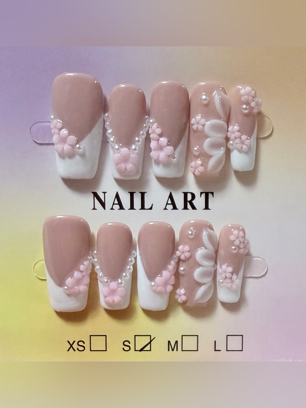Neutral Pink Floral French Tip Press-On Nails - Nail Art Set
